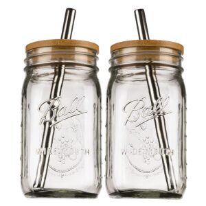 reusable boba bubble tea & smoothie cups - 2 glass wide mouth 32 oz mason jars with bamboo lids - 2 reusable silver stainless steel boba straws