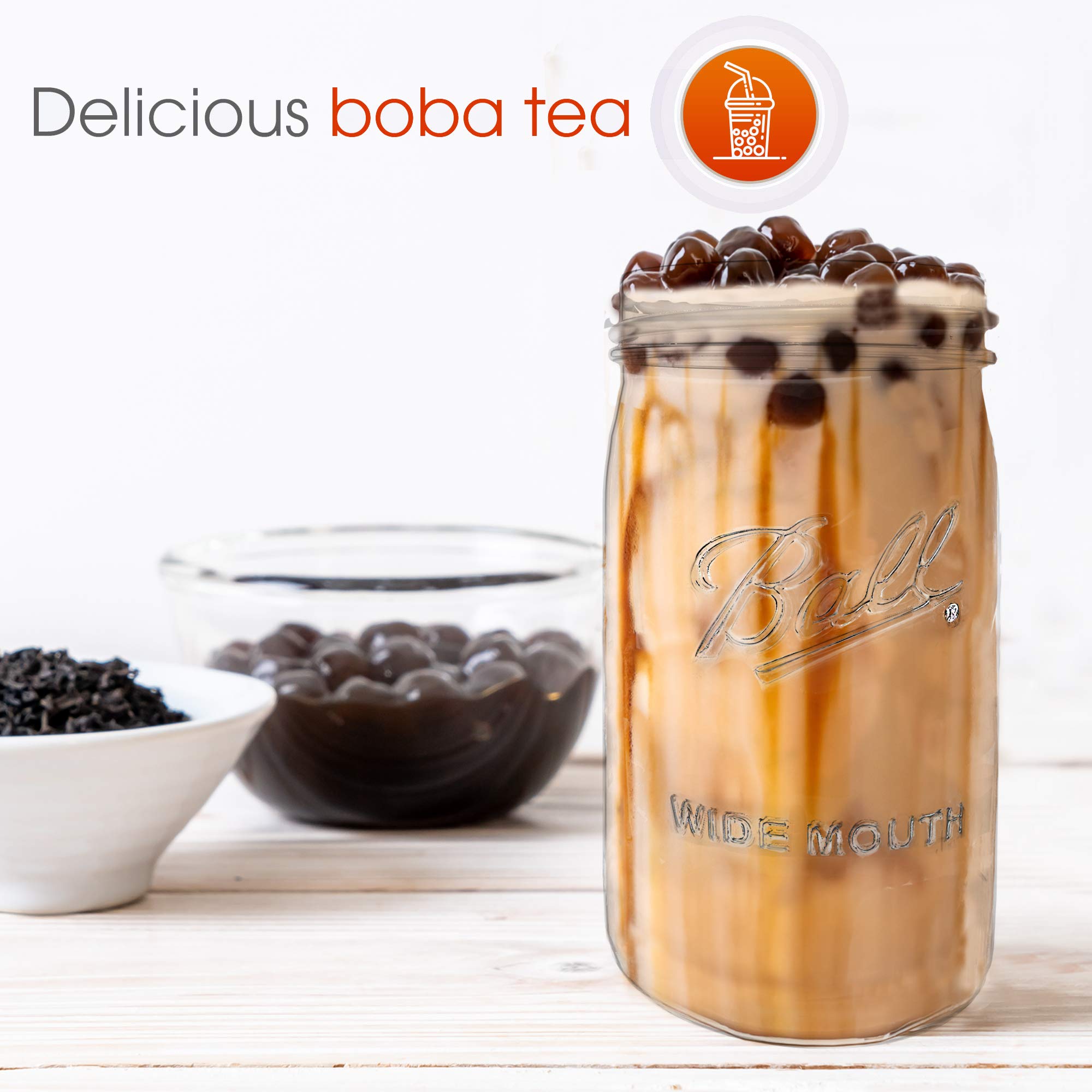 Reusable Boba Bubble Tea & Smoothie Cups - 2 Glass Wide Mouth 32 oz Mason Jars with Bamboo Lids - 2 Reusable Silver Stainless Steel Boba Straws