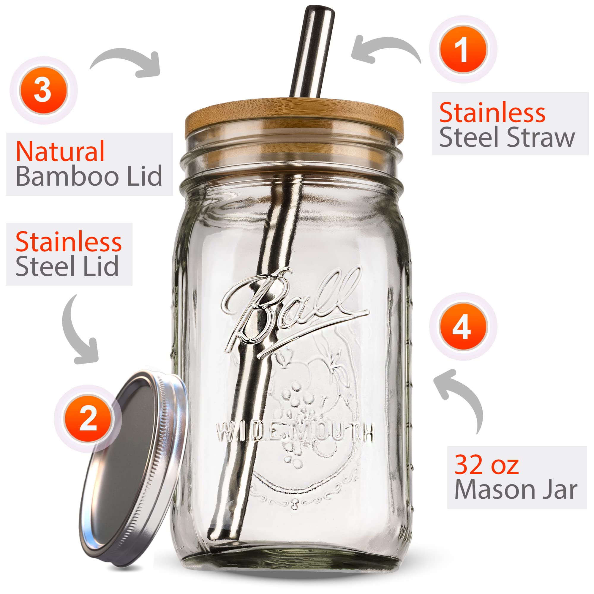 Reusable Boba Bubble Tea & Smoothie Cups - 2 Glass Wide Mouth 32 oz Mason Jars with Bamboo Lids - 2 Reusable Silver Stainless Steel Boba Straws