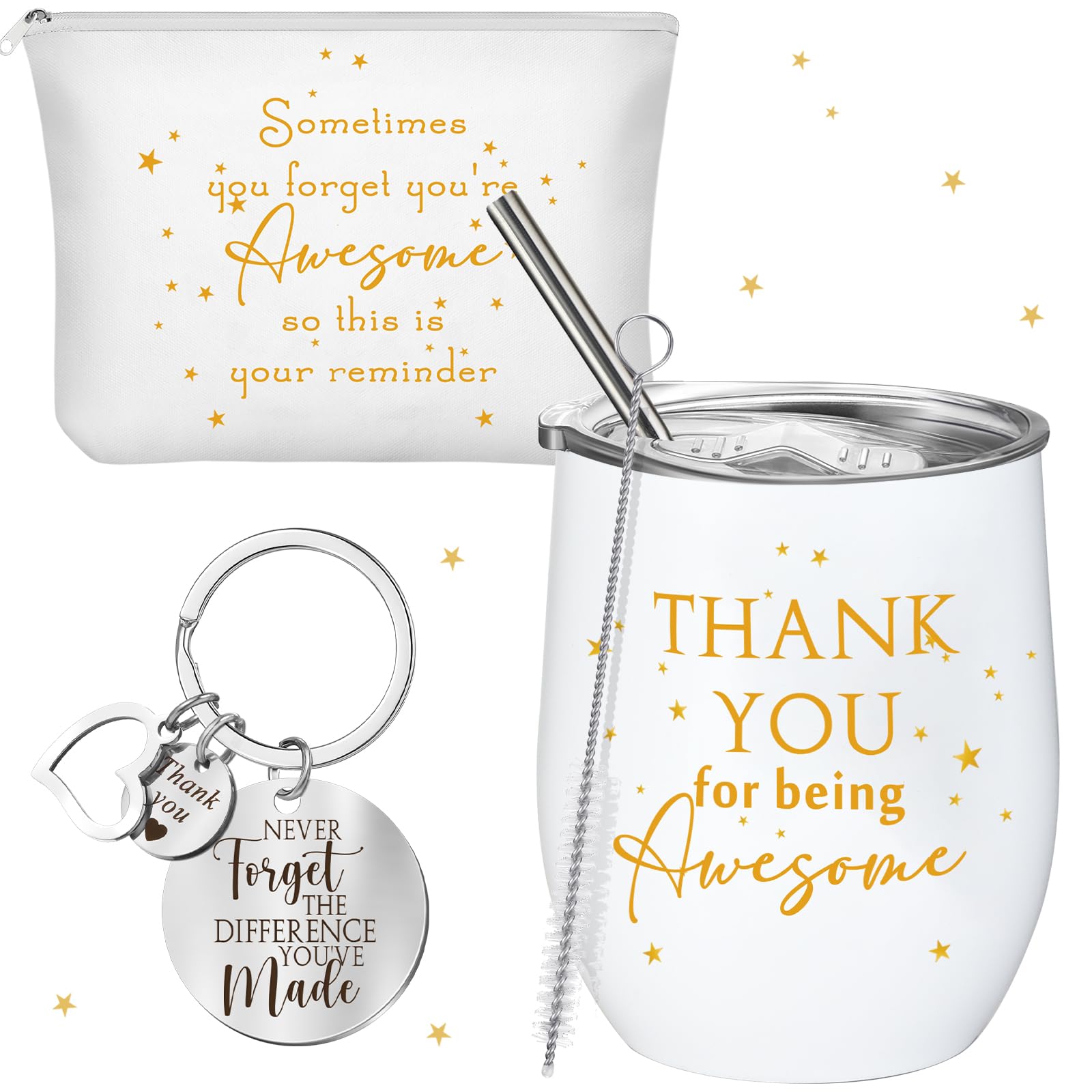 Sieral Thank You Gifts for Women Employee Appreciation Gifts Thank You for Being Awesome 12oz Stainless Steel Tumbler Keychain Makeup Bag for Team staff Coworker Teacher Nurse Gifts(Star)