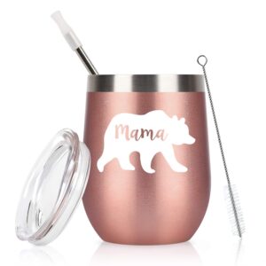 gingprous mother's day gifts for mom, mama bear wine tumbler with lid and straw, 12 oz stainless steel insulated wine tumbler for best mom birthday gifts, rose gold