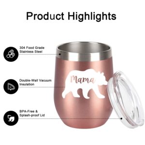 GINGPROUS Mother's Day Gifts for Mom, Mama Bear Wine Tumbler with Lid and Straw, 12 Oz Stainless Steel Insulated Wine Tumbler for Best Mom Birthday Gifts, Rose Gold