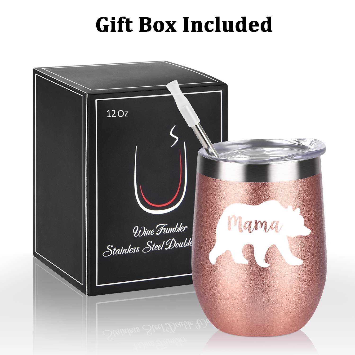 GINGPROUS Mother's Day Gifts for Mom, Mama Bear Wine Tumbler with Lid and Straw, 12 Oz Stainless Steel Insulated Wine Tumbler for Best Mom Birthday Gifts, Rose Gold