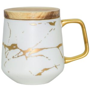 lucck ceramic coffee mug with wooden lid 14.5 oz tea cup luxury gold inlay marble pattern ceramic mug coffee tea mug gift for women wife girl grandma (white),1 count (pack of 1)