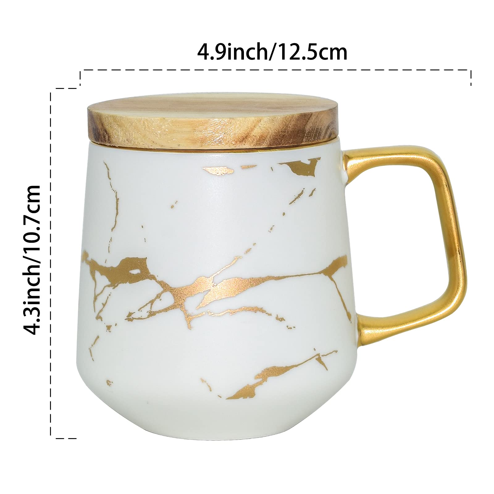 LUCCK Ceramic Coffee Mug with Wooden Lid 14.5 OZ Tea Cup Luxury Gold Inlay Marble Pattern Ceramic Mug Coffee Tea Mug Gift for Women Wife Girl Grandma (White),1 Count (Pack of 1)