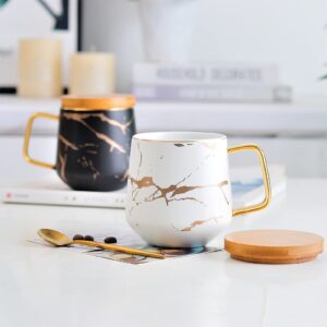 LUCCK Ceramic Coffee Mug with Wooden Lid 14.5 OZ Tea Cup Luxury Gold Inlay Marble Pattern Ceramic Mug Coffee Tea Mug Gift for Women Wife Girl Grandma (White),1 Count (Pack of 1)