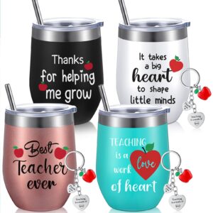 yinder 8 pcs teacher appreciation gifts with 4 pcs 12 oz teacher tumbler stainless steel mug with 4 heart shape keychain for back to school gifts birthday valentines teacher women gift ideas(heart)