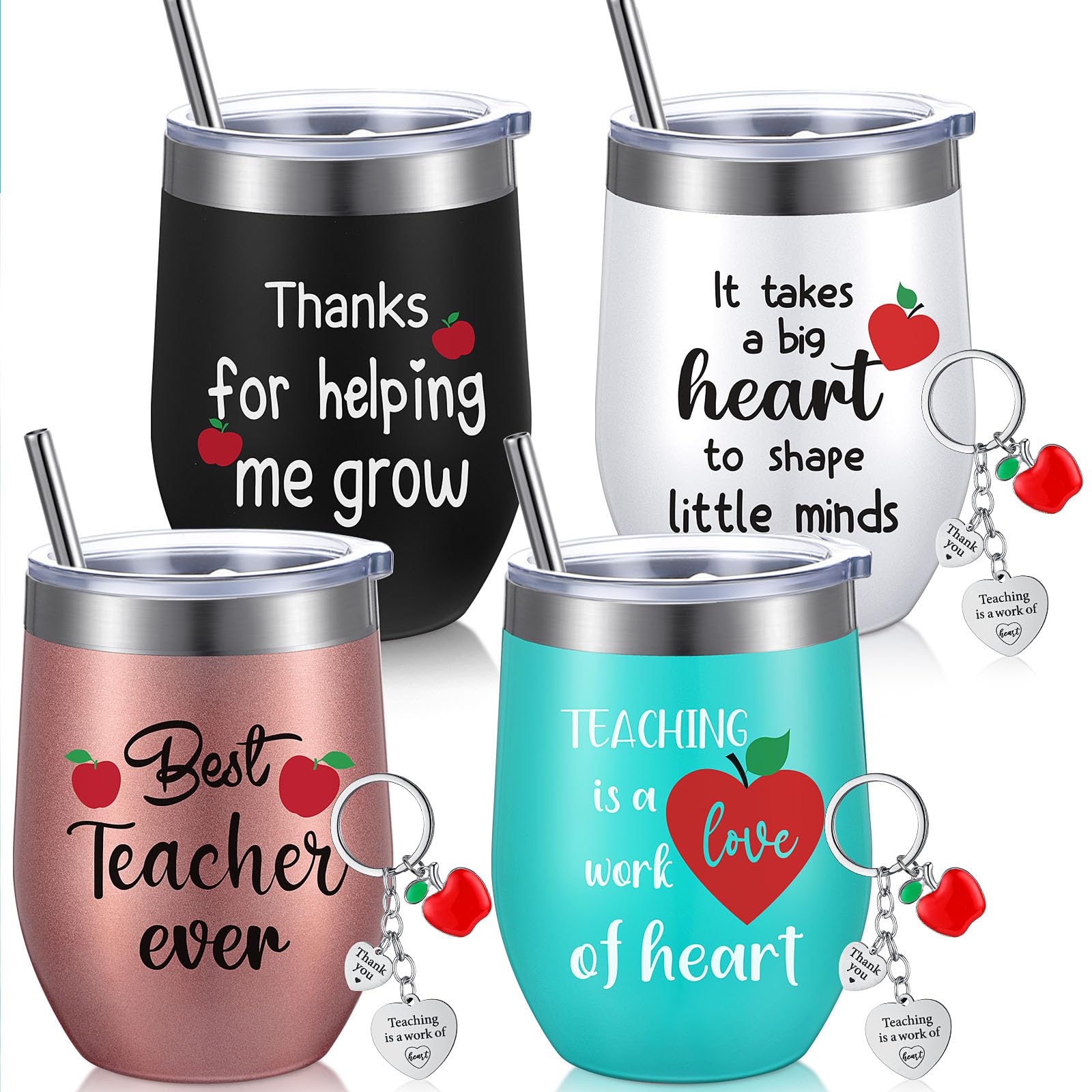 Yinder 8 Pcs Teacher Appreciation Gifts with 4 Pcs 12 oz Teacher Tumbler Stainless Steel Mug with 4 Heart Shape Keychain for Back to School Gifts Birthday Valentines Teacher Women Gift Ideas(Heart)