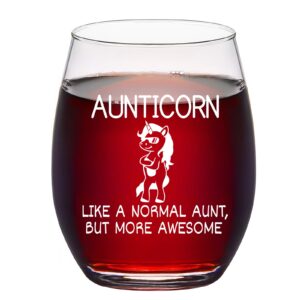 Futtumy Aunticorn Stemless Wine Glass, Aunt Gifts for Auntie Women Sister Mothers Day Christmas Birthday 15 Oz, Funny Unicorn Aunt Wine Glass Gifts from Niece Nephew