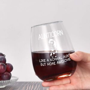 Futtumy Aunticorn Stemless Wine Glass, Aunt Gifts for Auntie Women Sister Mothers Day Christmas Birthday 15 Oz, Funny Unicorn Aunt Wine Glass Gifts from Niece Nephew