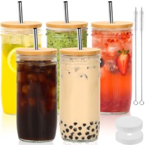 moretoes 5 pack 24oz mason jar cups, glass cups with bamboo lid and stainless straw reusable boba bottle travel tumbler for tea smoothie juice coffee
