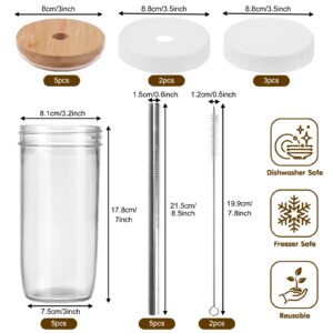 Moretoes 5 Pack 24oz Mason Jar Cups, Glass Cups with Bamboo Lid and Stainless Straw Reusable Boba Bottle Travel Tumbler for Tea Smoothie Juice Coffee
