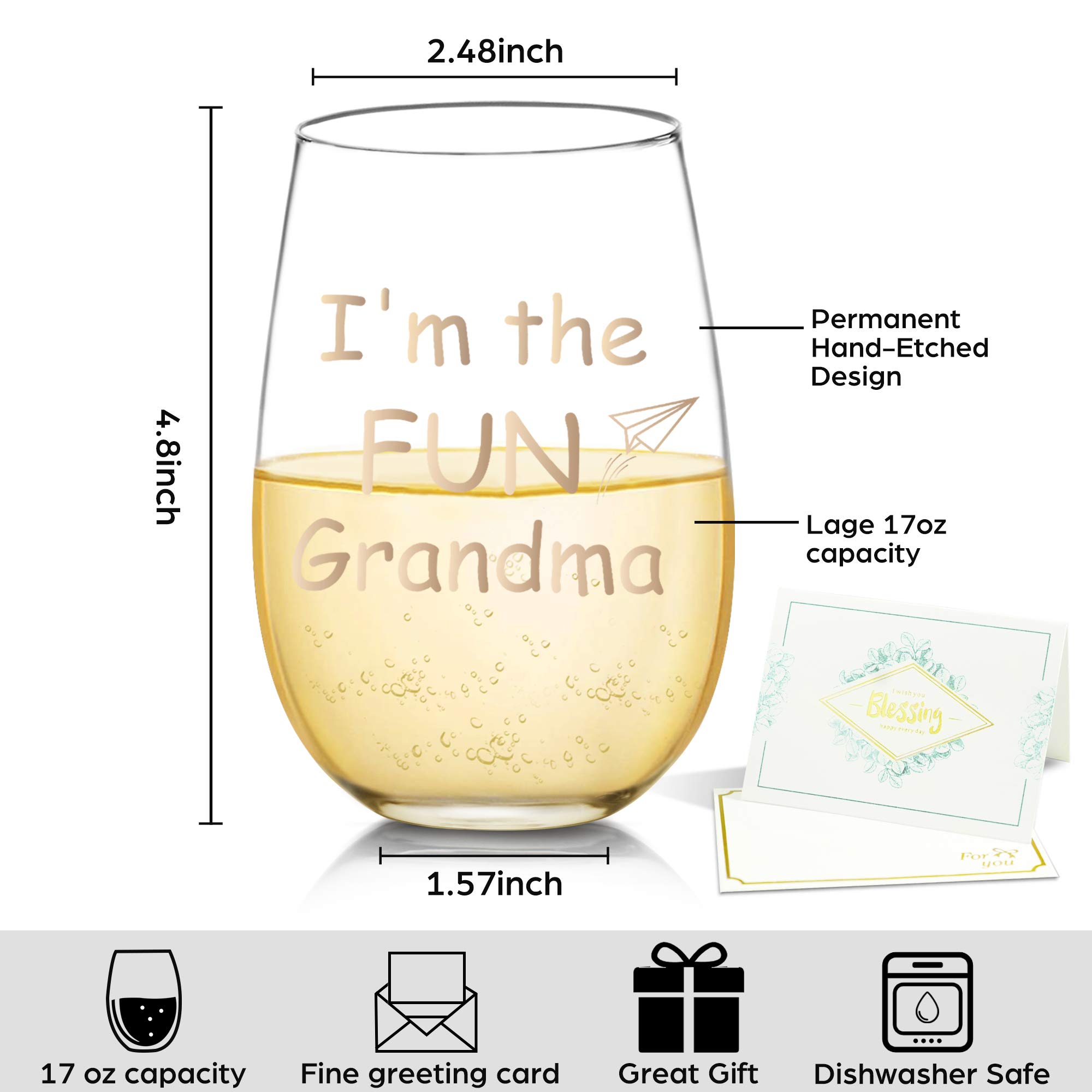 I'm the FUN Grandma Funny Wine Glass Gifts for Grandma - Novelty Birthday, Mothers Day Gifts for Grandma, Women, Unique Grandma Gifts from Grandchildren, 17 oz Wine Glasses