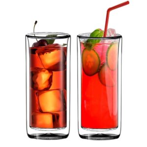 sun's tea (set of 2) 20oz (600ml) ultra clear strong double wall insulated thermo glass tumbler v3 highball glass for beer/cocktail/lemonade/iced tea/smoothie (real borosilicate glass, not plastic)