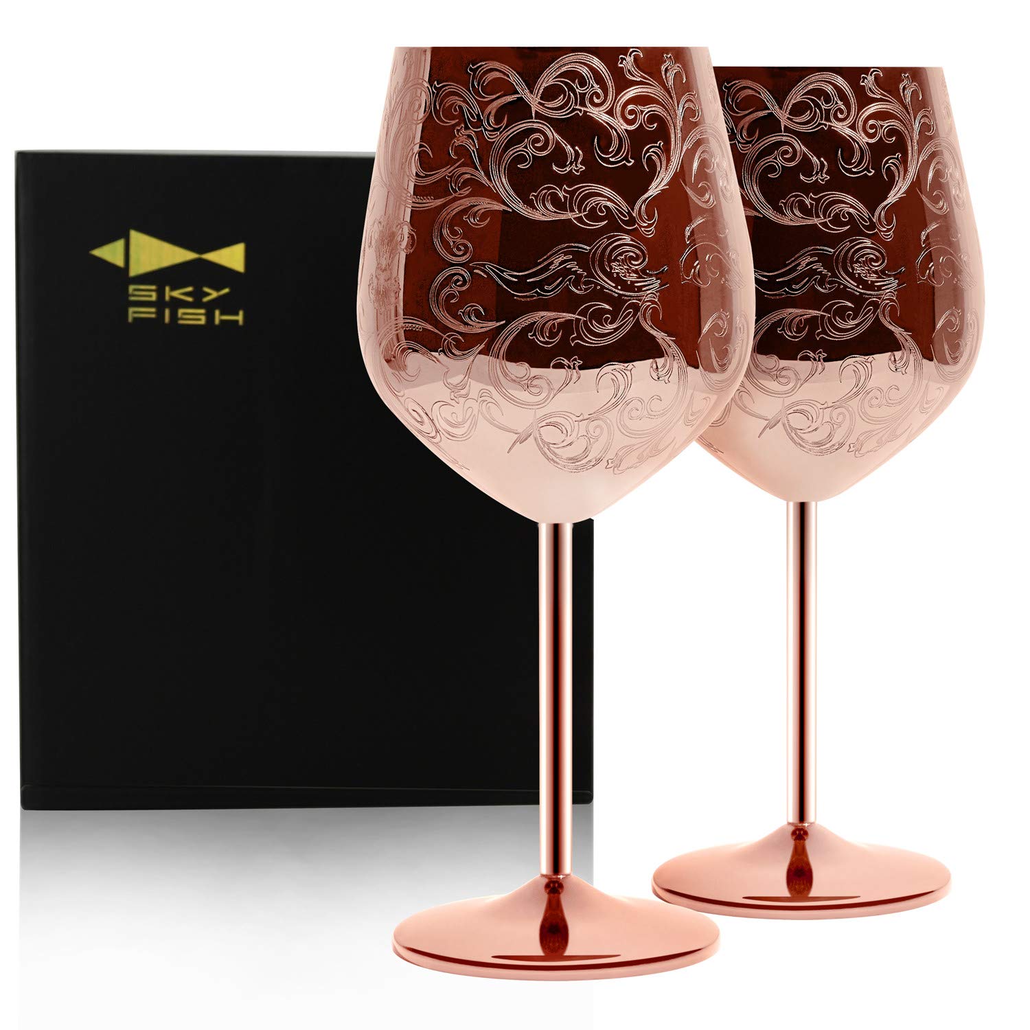 Sky Fish Etched Stainless Steel Wine Glasses With Copper Plated,Set of 2(17oz) Wine Goblets