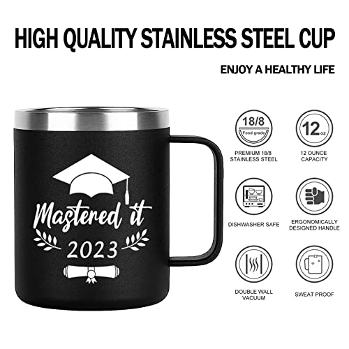 Aletege Graduation Gifts for Men, Mastered it 2023 Cup, Mastered it 2023 Stainless Steel Insulated Mug with Handle, Graduation Gifts 2023, Graduation Gifts for Masters College Graduates 12OZ Black