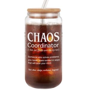 vakuny chaos coordinator glass cup - coworker gifts for women - boss lady gifts for her - funny birthday gifts for boss, friends, teacher, mom - 16oz thank you gifts office beer can glass