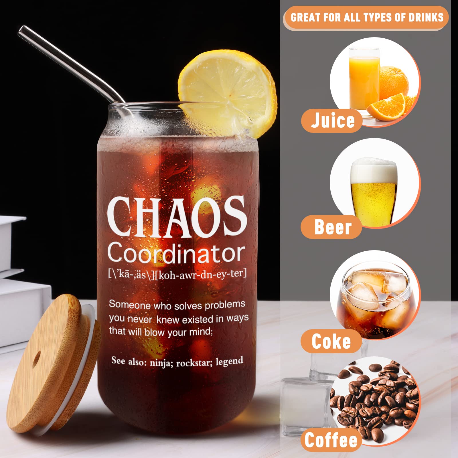 Vakuny Chaos Coordinator Glass Cup - Coworker Gifts for Women - Boss Lady Gifts for Her - Funny Birthday Gifts for Boss, Friends, Teacher, Mom - 16Oz Thank You Gifts Office Beer Can Glass