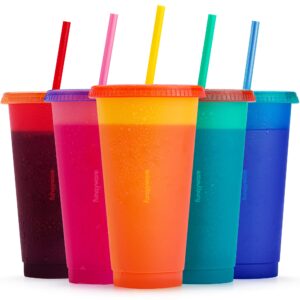 color changing cups with lids and straws for adults - 5 x 24oz reusable cups with lids and straws, bulk plastic cups with lids and straws for kids women, cold iced coffee cups & party water tumbler