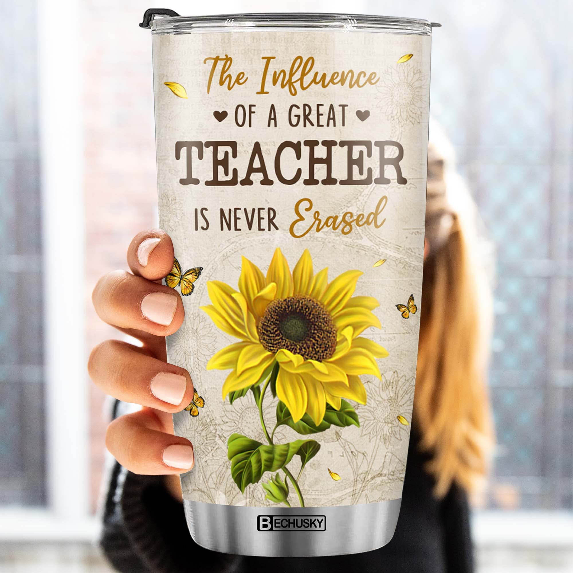 BECHUSKY Teacher Gifts, Teacher Gifts For Women, Teacher Tumbler, Teacher Sunflower Tumbler Teacher Influence Tumbler Great Teacher Is Never Erased Teacher Appreciation Women Christmas Birthday 20OZ