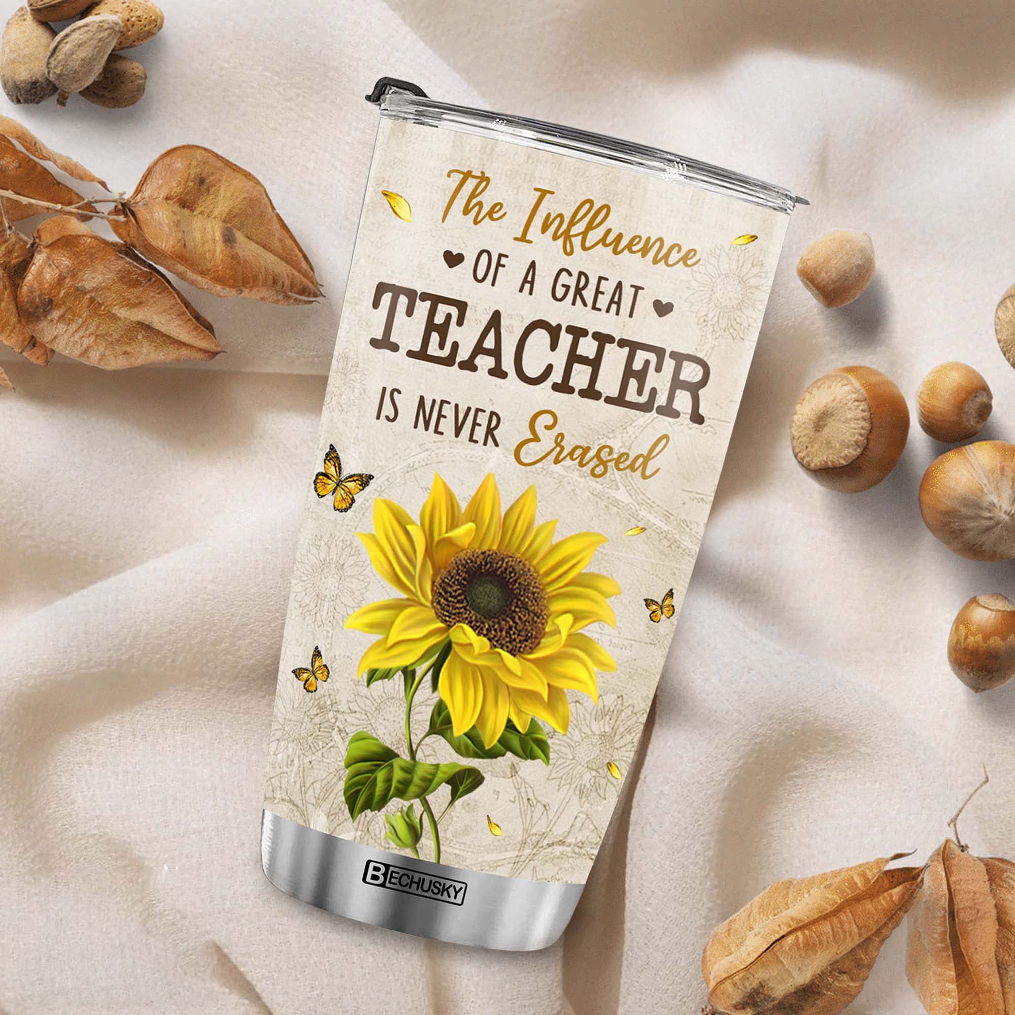 BECHUSKY Teacher Gifts, Teacher Gifts For Women, Teacher Tumbler, Teacher Sunflower Tumbler Teacher Influence Tumbler Great Teacher Is Never Erased Teacher Appreciation Women Christmas Birthday 20OZ