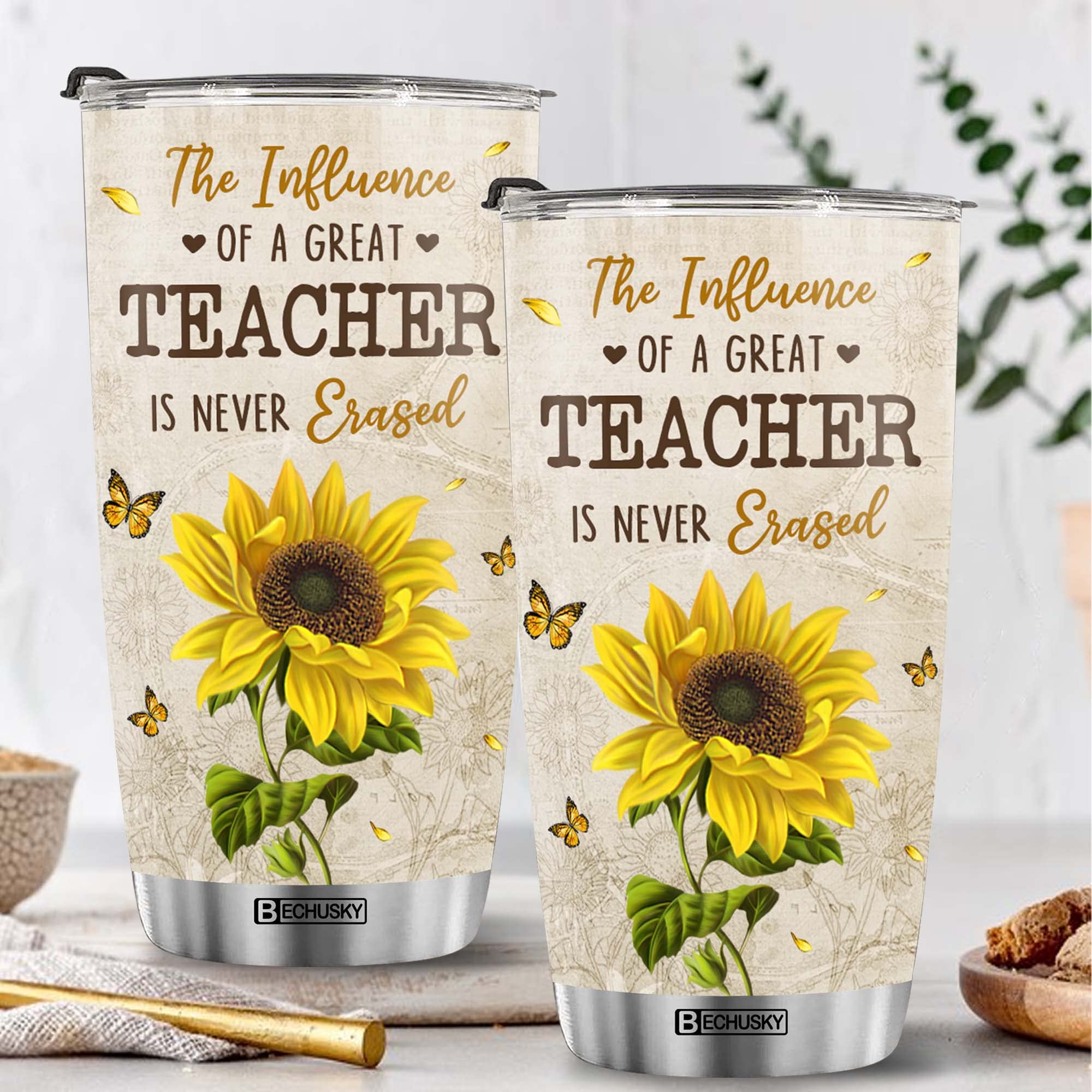 BECHUSKY Teacher Gifts, Teacher Gifts For Women, Teacher Tumbler, Teacher Sunflower Tumbler Teacher Influence Tumbler Great Teacher Is Never Erased Teacher Appreciation Women Christmas Birthday 20OZ