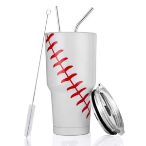 joyclub 30oz baseball tumbler stainless steel double wall vacuum insulated tumbler cup travel mug with lid, straw and cleaning brush