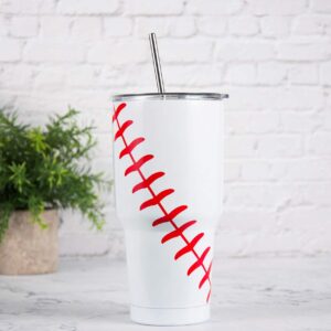 Joyclub 30oz Baseball Tumbler Stainless Steel Double Wall Vacuum Insulated Tumbler Cup Travel Mug with Lid, Straw and Cleaning Brush