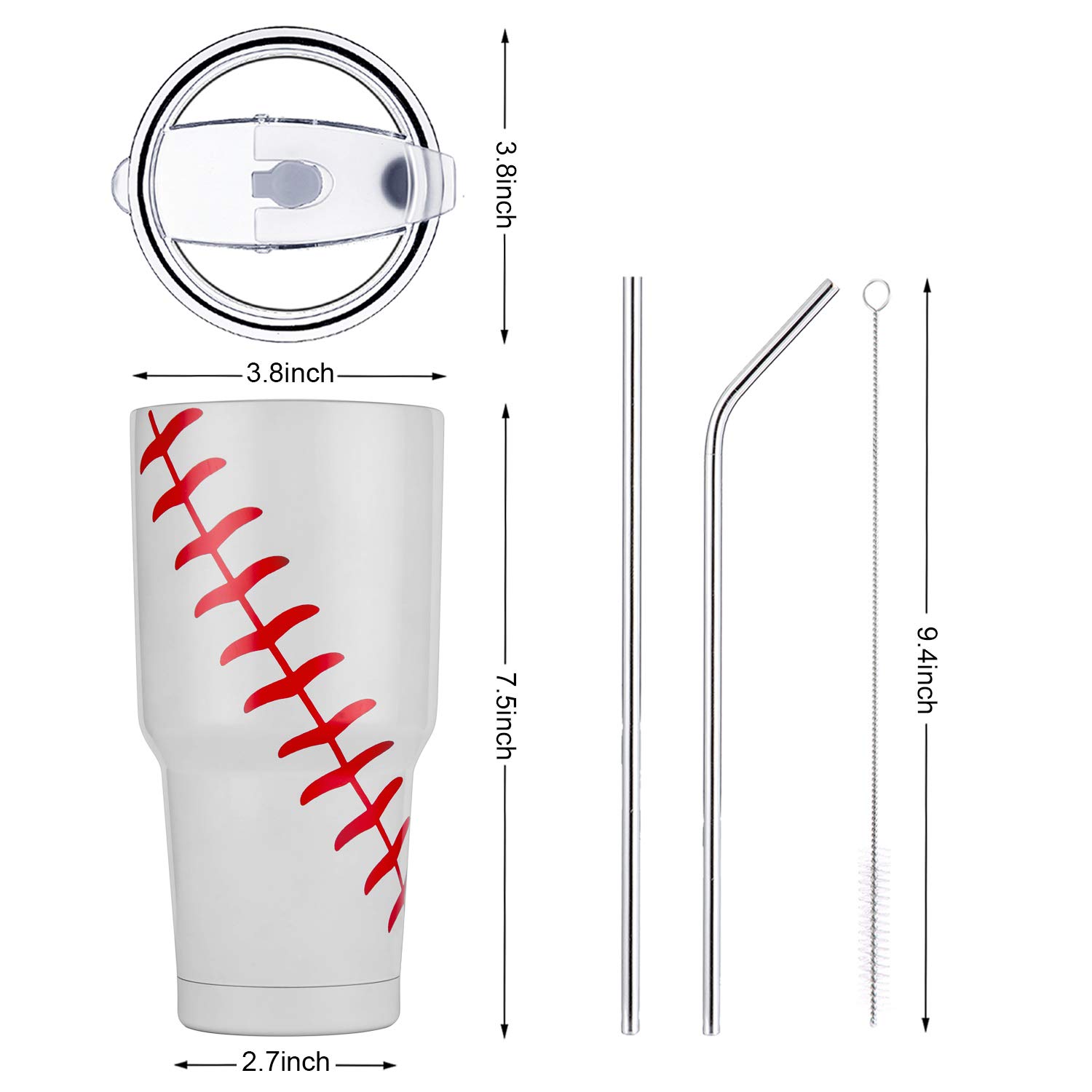 Joyclub 30oz Baseball Tumbler Stainless Steel Double Wall Vacuum Insulated Tumbler Cup Travel Mug with Lid, Straw and Cleaning Brush