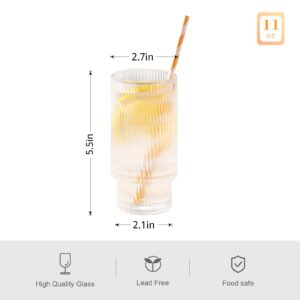SUNNOW Vastto 11 Ounce Stackable Ribbed Glass Cup,Iced Tea Glasses for Water, Beverage,Juice, Wine,Beer and Cocktail,Set of 4