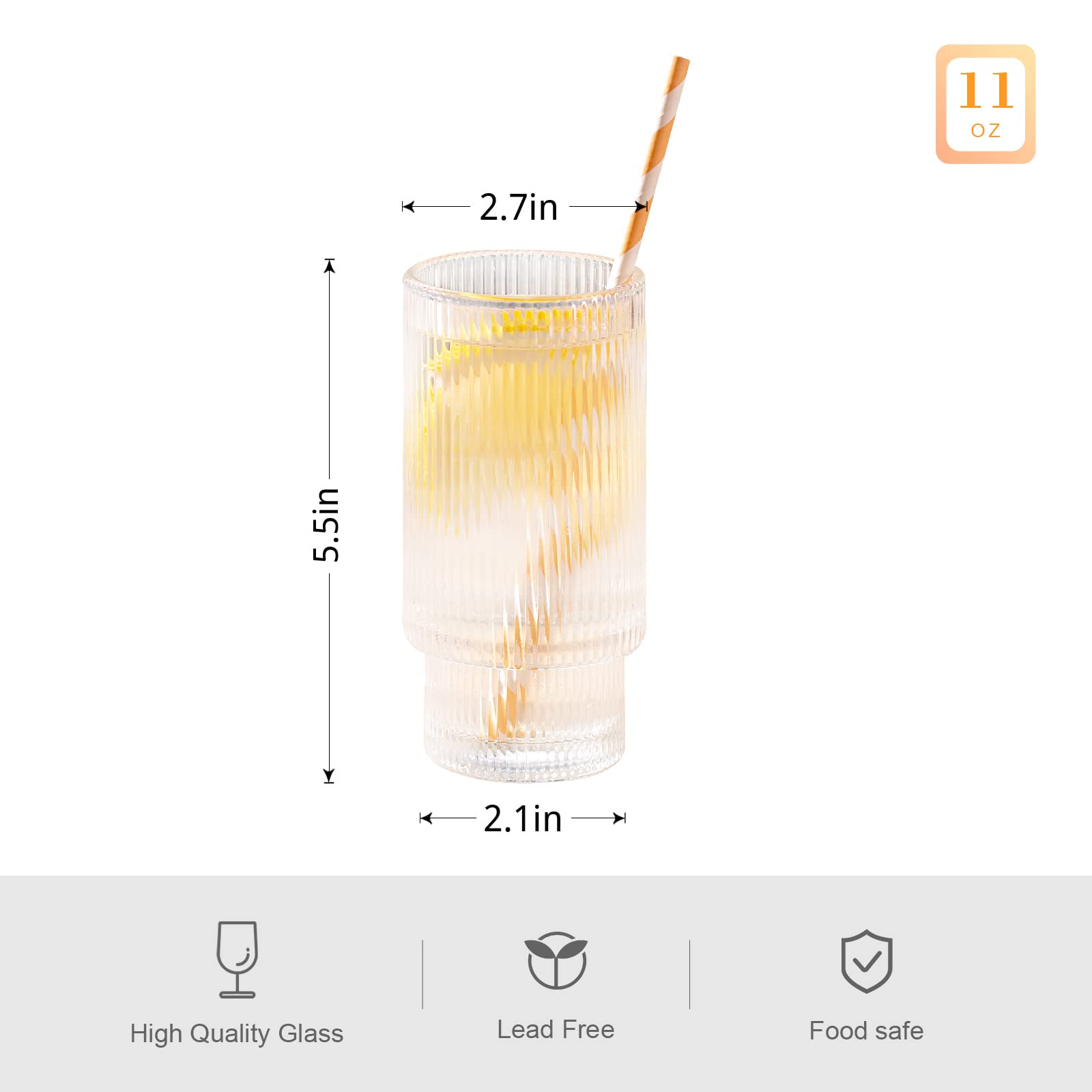 SUNNOW Vastto 11 Ounce Stackable Ribbed Glass Cup,Iced Tea Glasses for Water, Beverage,Juice, Wine,Beer and Cocktail,Set of 4