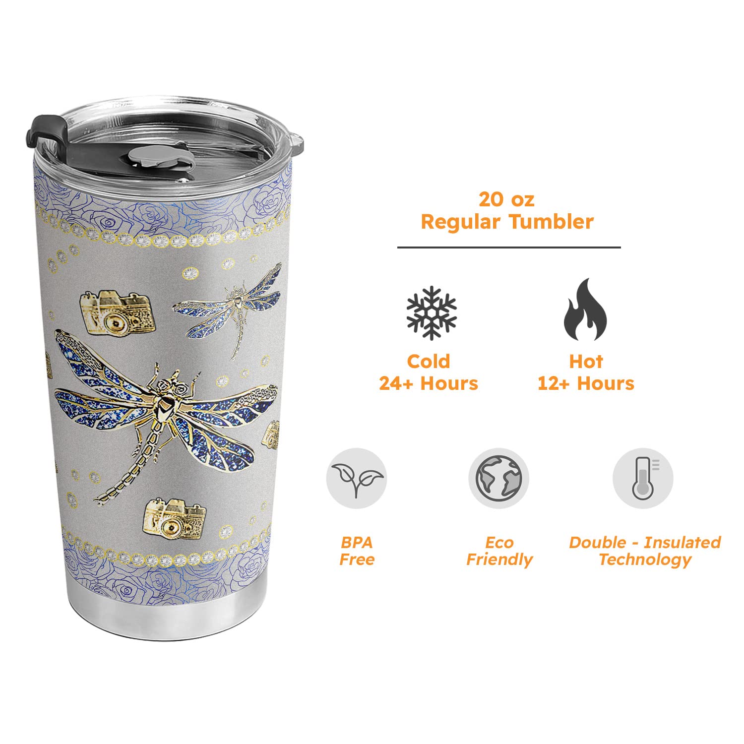 64HYDRO 20oz Dragonfly Gifts for Dragonfly Lovers, Valentines Day Gifts for Her, Birthday Gifts for Women, Mom, Daughter, Printed Jewelry Photographer Dragonfly Tumbler Cup, Travel Coffee Mug with Lid