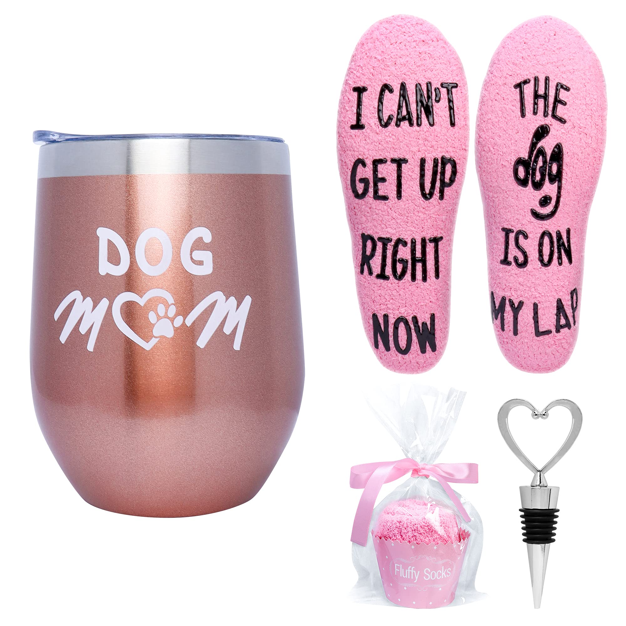 Valporia Dog Mom Gifts for Women Insulated Wine Tumbler with Sayings + Fuzzy Socks + Wine Stopper for Women Birthday Gifts for Women Rose Gold Stainless Steel Xmas Gifts