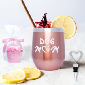 Valporia Dog Mom Gifts for Women Insulated Wine Tumbler with Sayings + Fuzzy Socks + Wine Stopper for Women Birthday Gifts for Women Rose Gold Stainless Steel Xmas Gifts