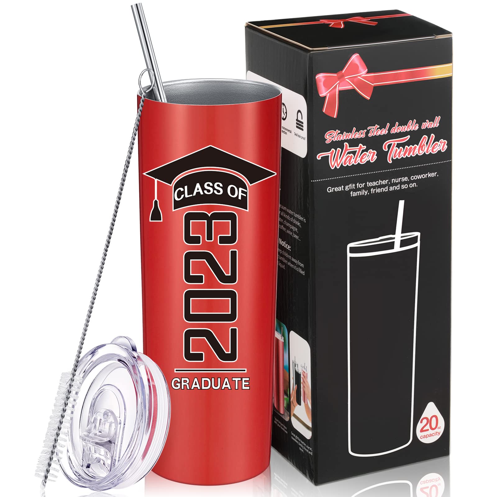 Class of 2023 Graduate Travel Mug for Her Him, Inspirational Graduation Gifts for College High School Student, 20 oz Insulated Water Tumbler with Straw Lid Brush (Red, Class of 2023)