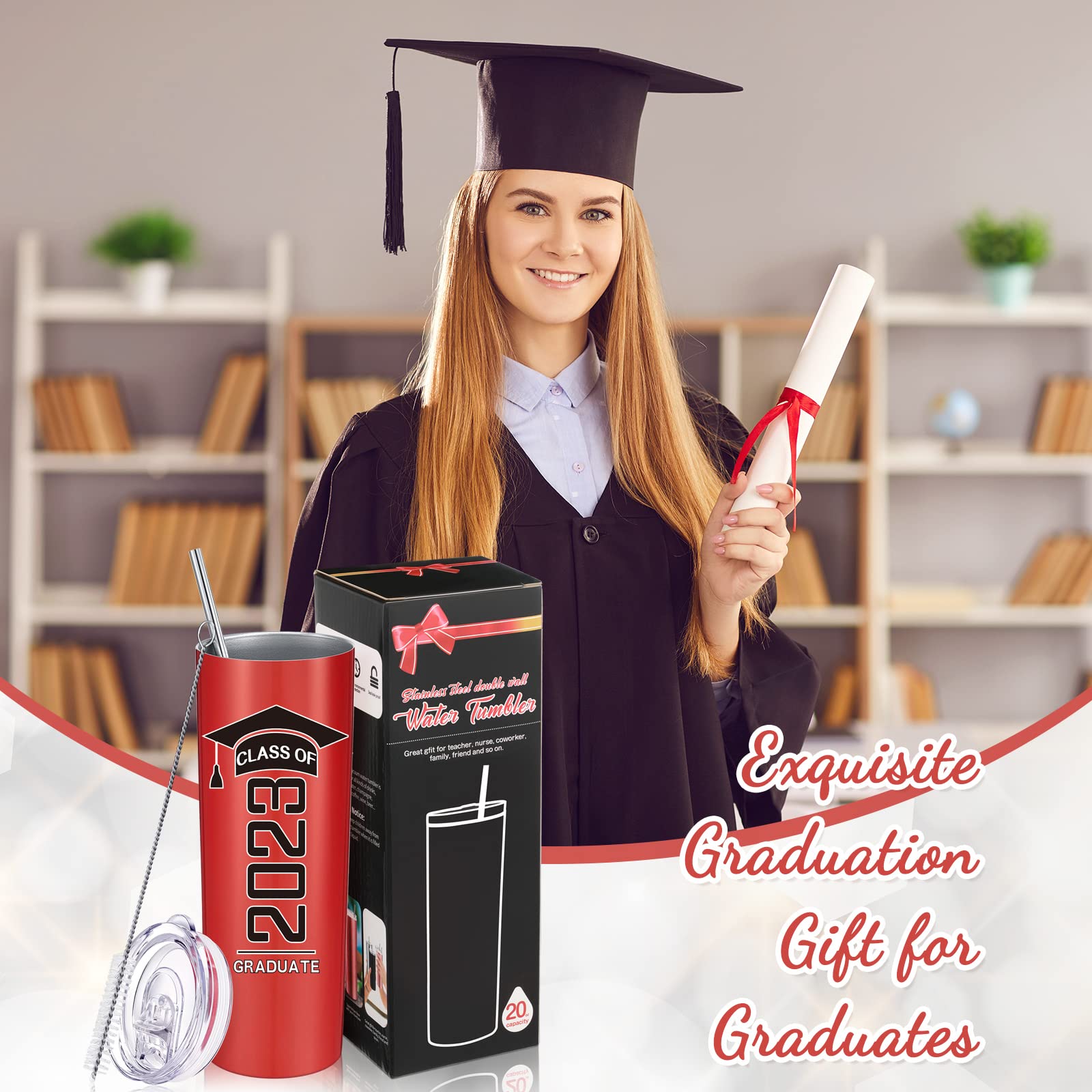 Class of 2023 Graduate Travel Mug for Her Him, Inspirational Graduation Gifts for College High School Student, 20 oz Insulated Water Tumbler with Straw Lid Brush (Red, Class of 2023)