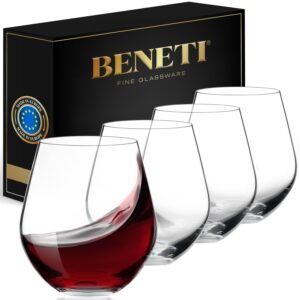 stemless wine glasses (4 pack - 18 ounces) drinking glasses highly durable, round bowl glasses for wine, red and white wine tumblers, european made cocktail glasses, stemless wine glass, wine goblets