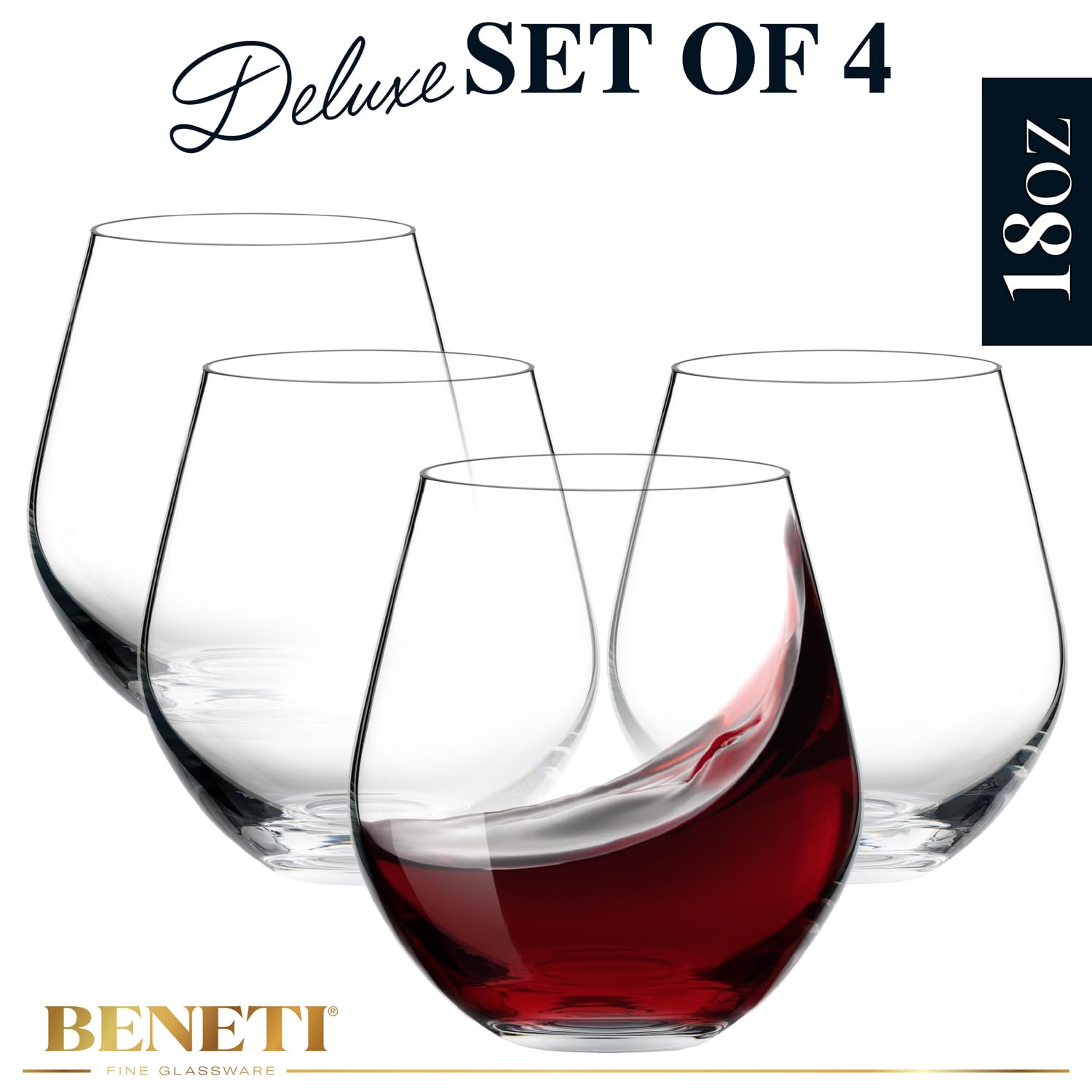 Stemless Wine Glasses (4 Pack - 18 Ounces) Drinking Glasses Highly Durable, Round Bowl Glasses for Wine, Red And White Wine Tumblers, European Made Cocktail Glasses, Stemless Wine Glass, Wine Goblets