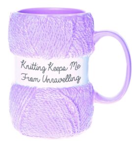 boxer gifts 'knitting keeps me from unraveling' novelty knitting gift mug | light pink colour with realistic yarn detailing | amazing christmas, birthday or mother's day gift for her