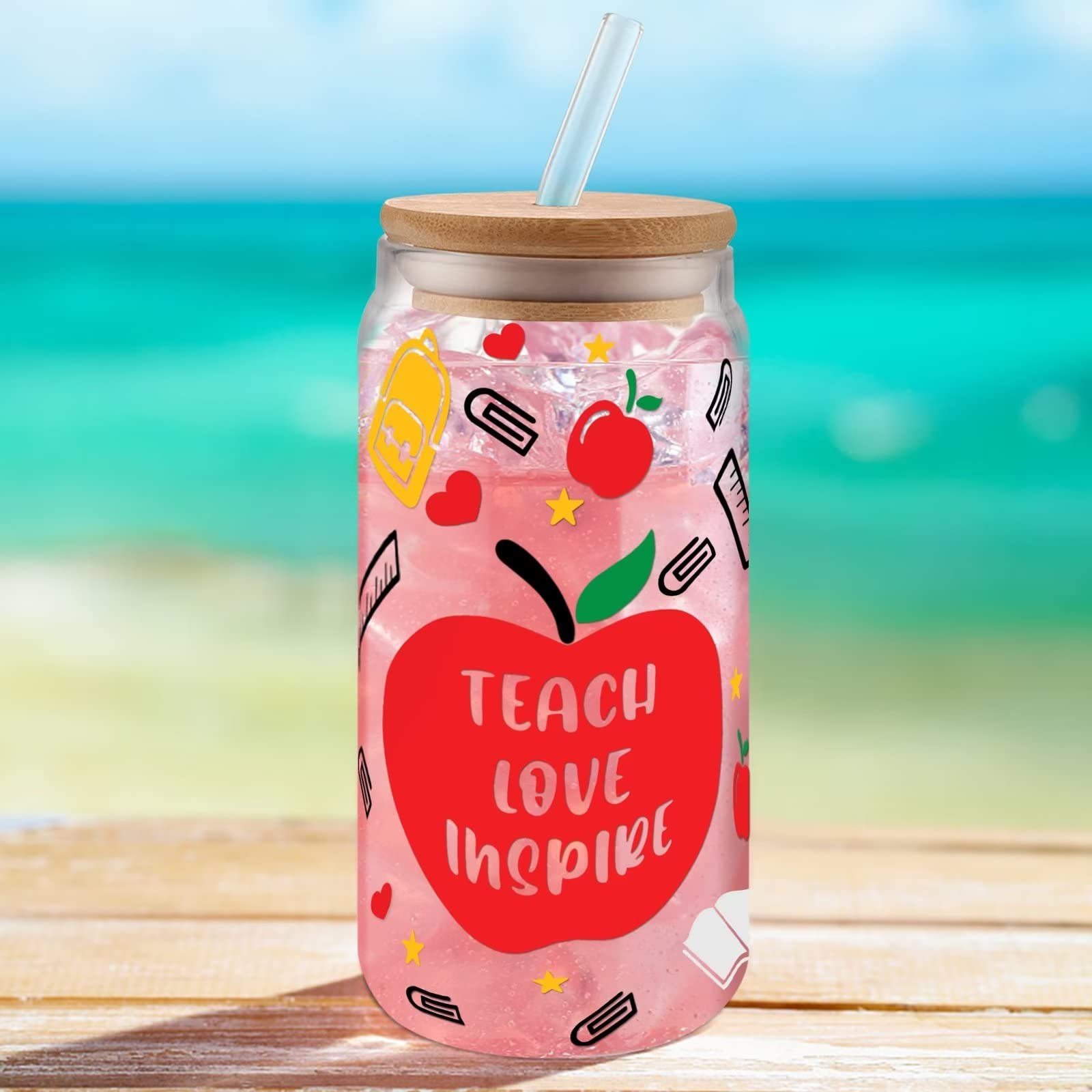 Teacher Gifts for Women - 16oz Can Shaped Glass Cup With Lid And Straw For Teacher Appreciation Gifts - Thank You Gifts For Teacher Appreciation Week Back To School
