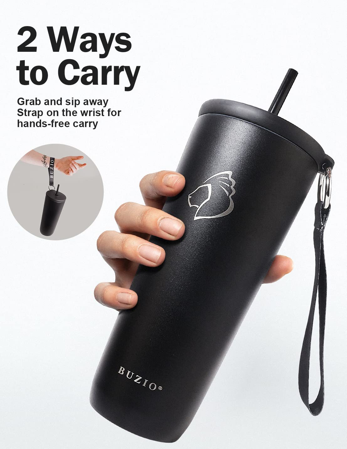 BUZIO 24oz Tumbler with Lid and Straw, Vacuum Insulated Tumbler Cup, Stainless Steel Double Walled Powder Coated Tumbler Cup, Spill-Proof Travel Mug Thermal Cup Water Bottle for Hot and Cold Drinks