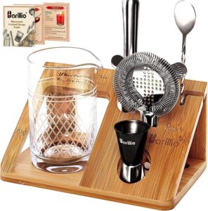 20 oz crystal cocktail mixing glass set with bamboo stand by barillio | seamless mixing pitcher for stirred cocktail with thick weighted bottom