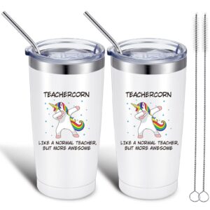 2 pieces teacher unicorn tumblers teacher graduation gifts, teacher appreciation gift ideal for teacher's day birthday, 20 oz stainless steel travel mugs with lids straws and brushes (white)