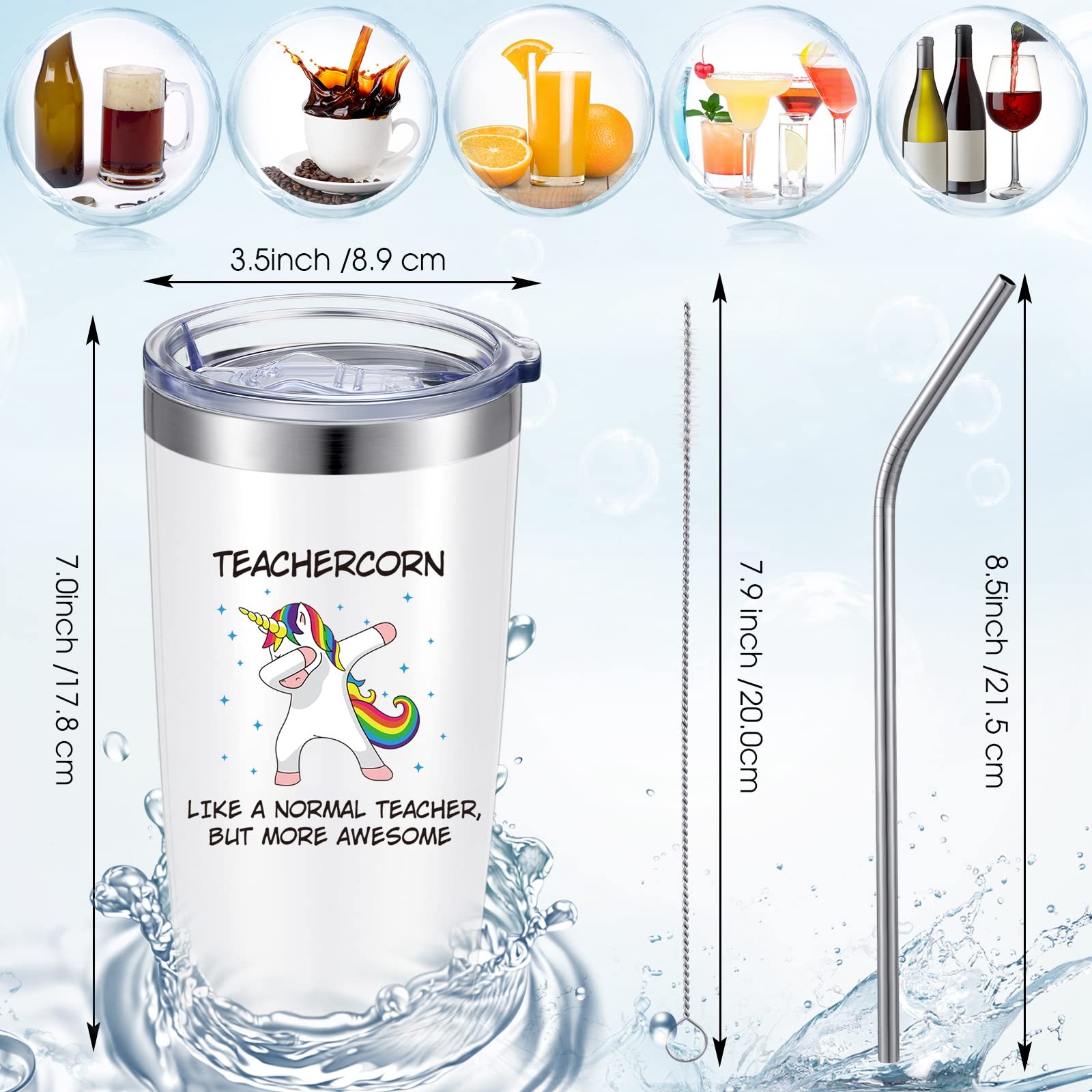 2 Pieces Teacher Unicorn Tumblers Teacher Graduation Gifts, Teacher Appreciation Gift Ideal for Teacher's Day Birthday, 20 oz Stainless Steel Travel Mugs with Lids Straws and Brushes (White)