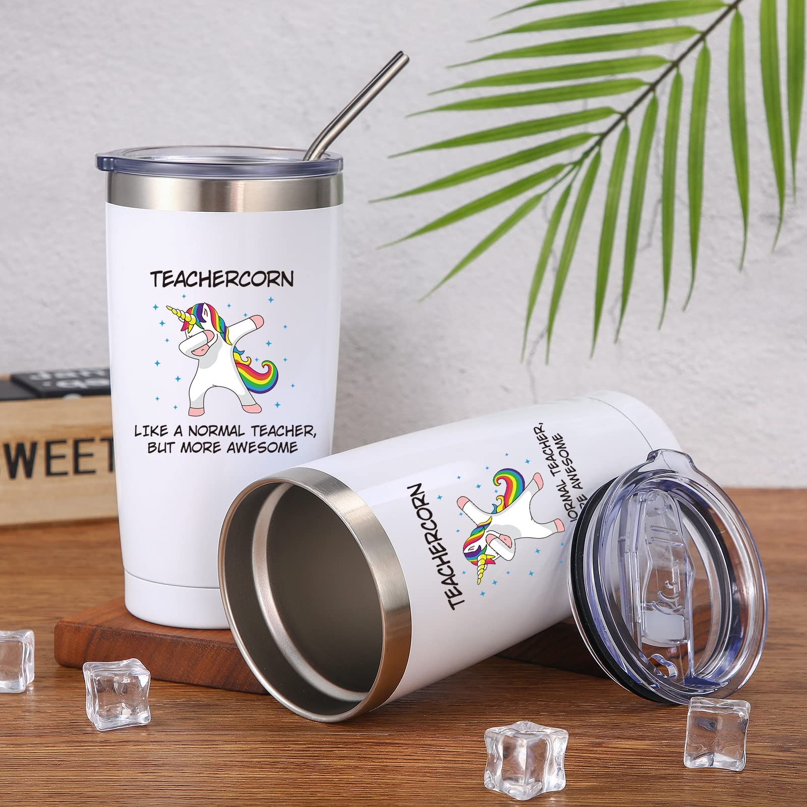 2 Pieces Teacher Unicorn Tumblers Teacher Graduation Gifts, Teacher Appreciation Gift Ideal for Teacher's Day Birthday, 20 oz Stainless Steel Travel Mugs with Lids Straws and Brushes (White)