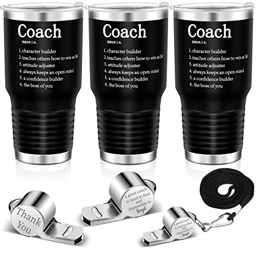 Eaasty Coach Gifts for Men Best Coach Tumbler Includes 30 oz Coach Mug and Coach Whistle Stainless Steel Travel Mug with Lid for Coach Men Women (Black,6 Pcs)