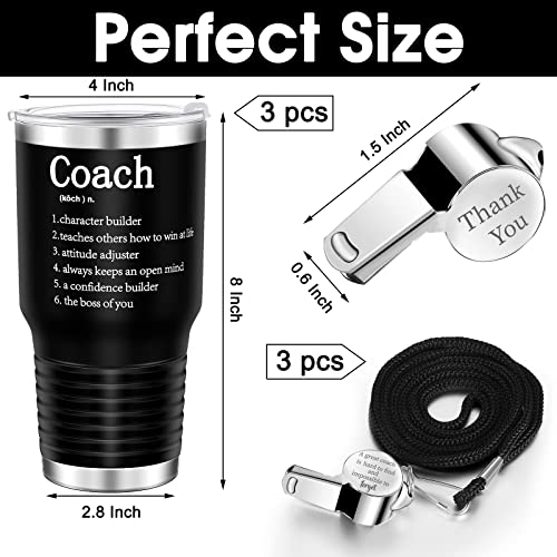 Eaasty Coach Gifts for Men Best Coach Tumbler Includes 30 oz Coach Mug and Coach Whistle Stainless Steel Travel Mug with Lid for Coach Men Women (Black,6 Pcs)