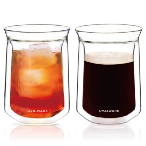 ovalware double wall single lip insulated glass cup, set of 2 (12oz / 350ml) - borosilicate glass for coffee, tea, whiskey, cocktails & all beverages - minimalistic & durable double-wall drinking mug