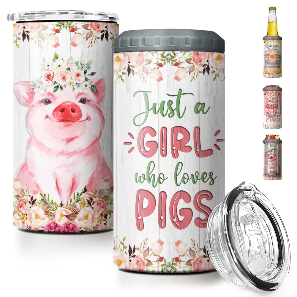 SANDJEST Pig Tumbler Just A Girl Who Loves Pigs 4 in 1 16oz Tumbler Can Cooler Coozie Skinny Stainless Steel Tumbler Gift for Daughter Farm Girl Animal Lover Christmas Birthday