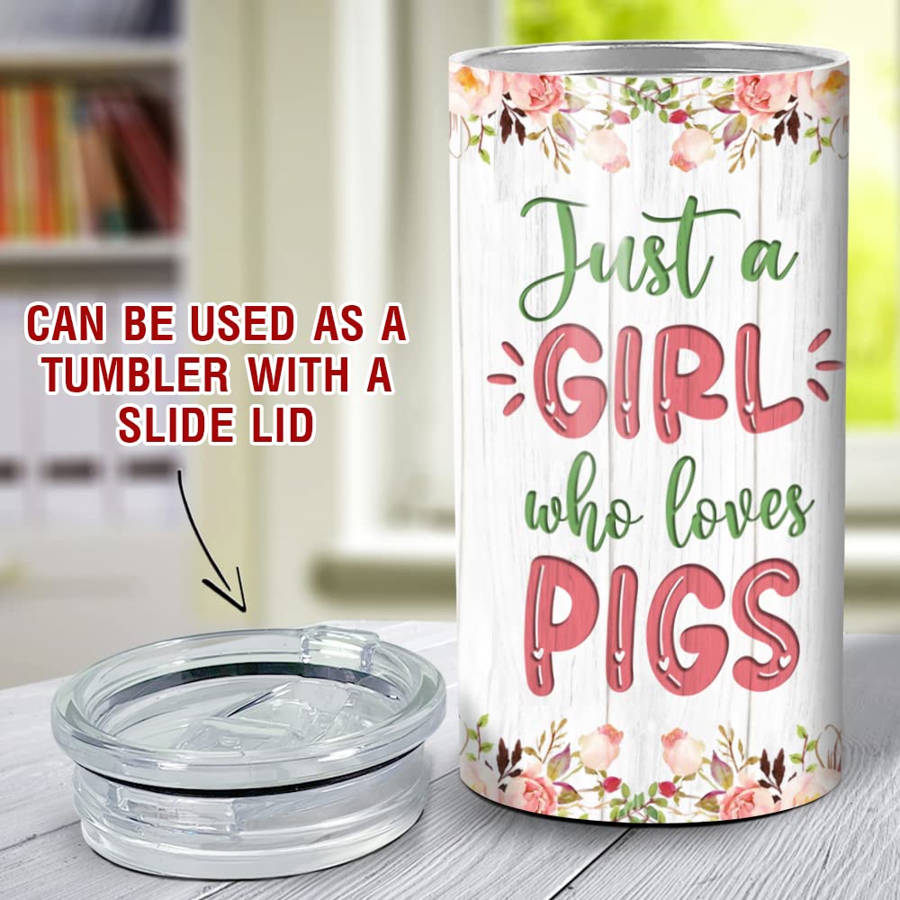 SANDJEST Pig Tumbler Just A Girl Who Loves Pigs 4 in 1 16oz Tumbler Can Cooler Coozie Skinny Stainless Steel Tumbler Gift for Daughter Farm Girl Animal Lover Christmas Birthday
